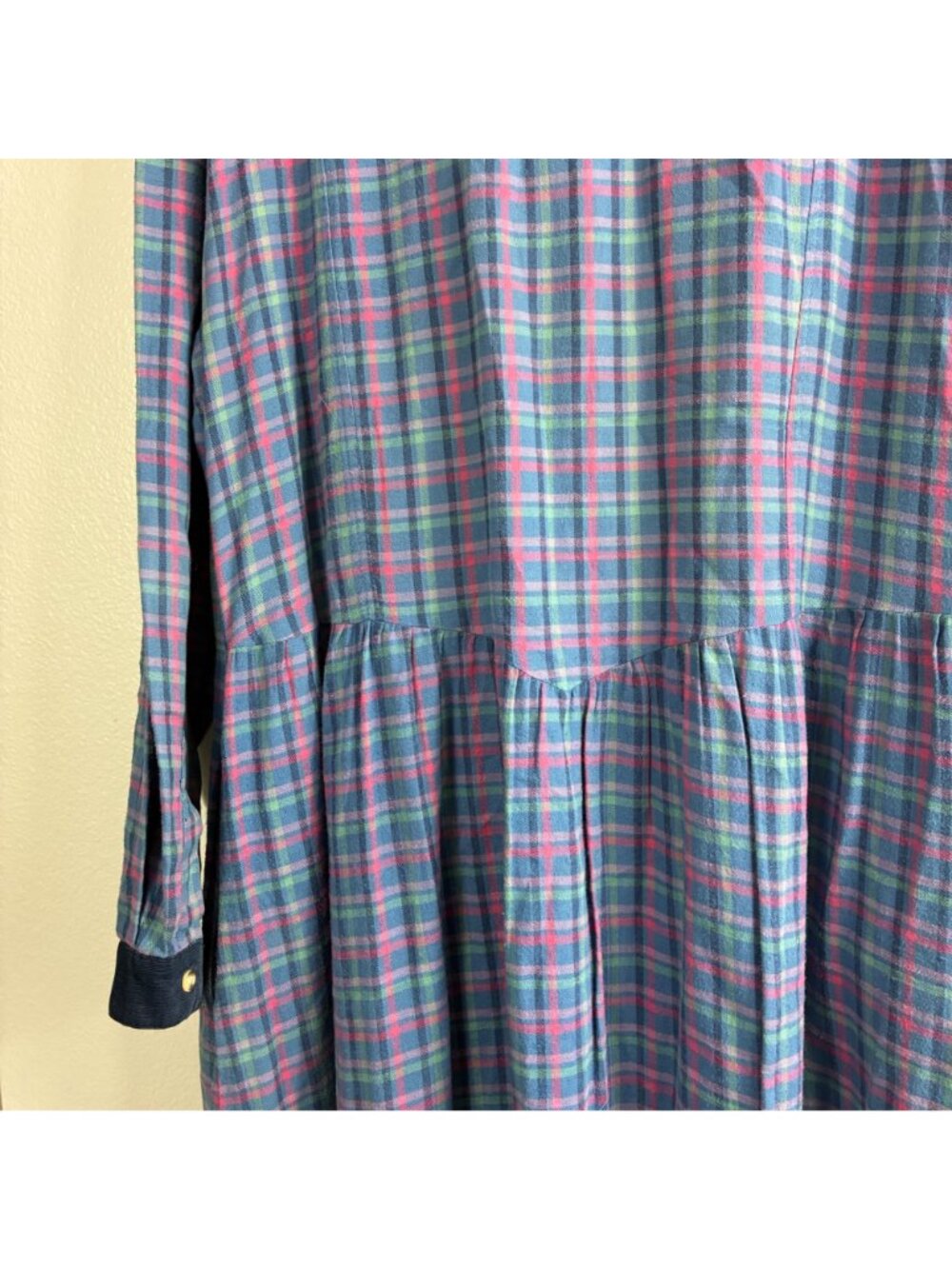 VTG 90s Eddie Bauer Flannel Dress L Blue Plaid Maxi Prairie Corduroy Grunge - Picture 8 of 10